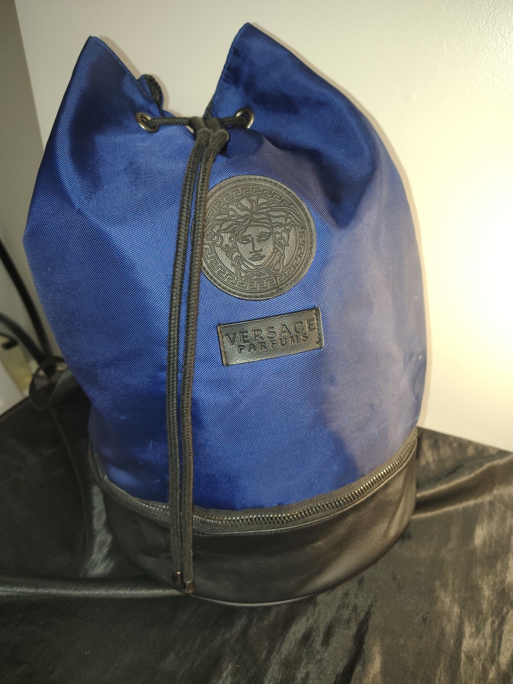Versace Parfums Blue Drawstring Backpack with Leather Base
